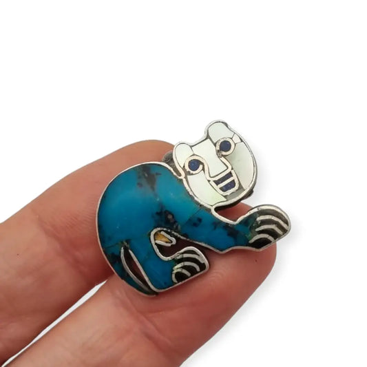 Broche y colgante de gato mexicano antiguo plata 950 con felino turquesa