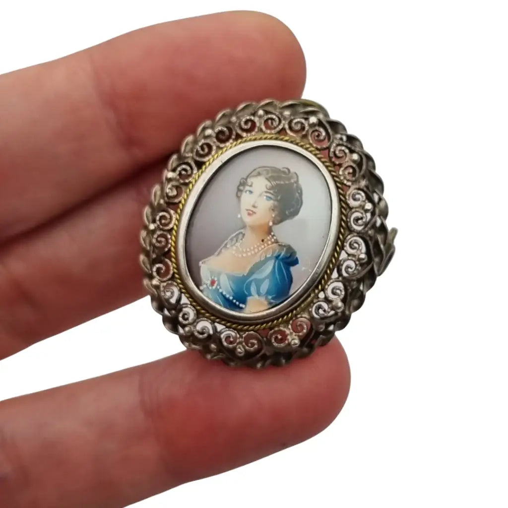 Broche colgante de miniatura antigua plata con retrato mujer pintado años