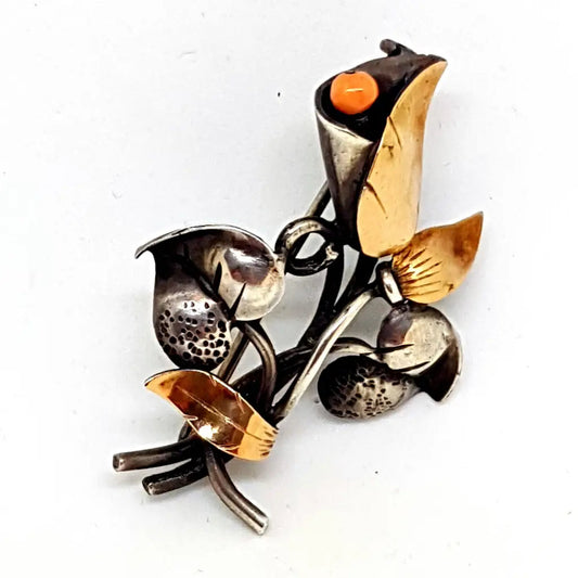 Broche de coral antiguo. plata oro y coral. Ramo flores. Circa