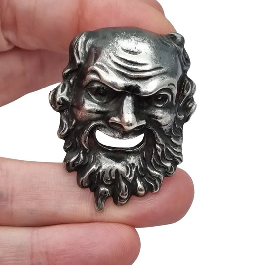Broche máscara de Dioniso en plata 835 estilo clásico griego rostro teatral