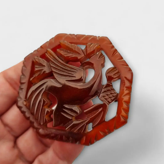 Broche de pájaro vintage marrón estilo oriental plástico tallado accesorio