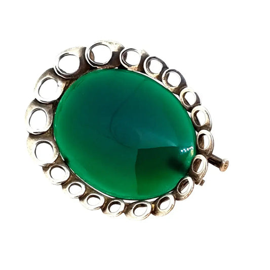 Broche de plata y crisoprasa. Circa 1960. Joyería antigua vintage.