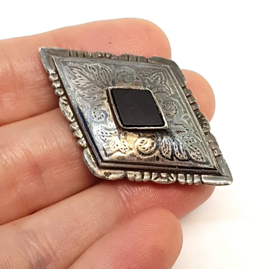 Broche de plata piedra ónix negro alfiler rombo regalos para mujeres.