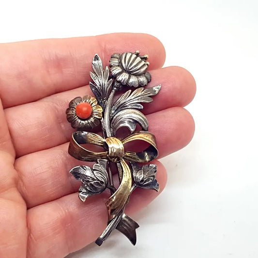Broche ramo de flores coral pin plata y oro joyeria clasica para regalo vintage