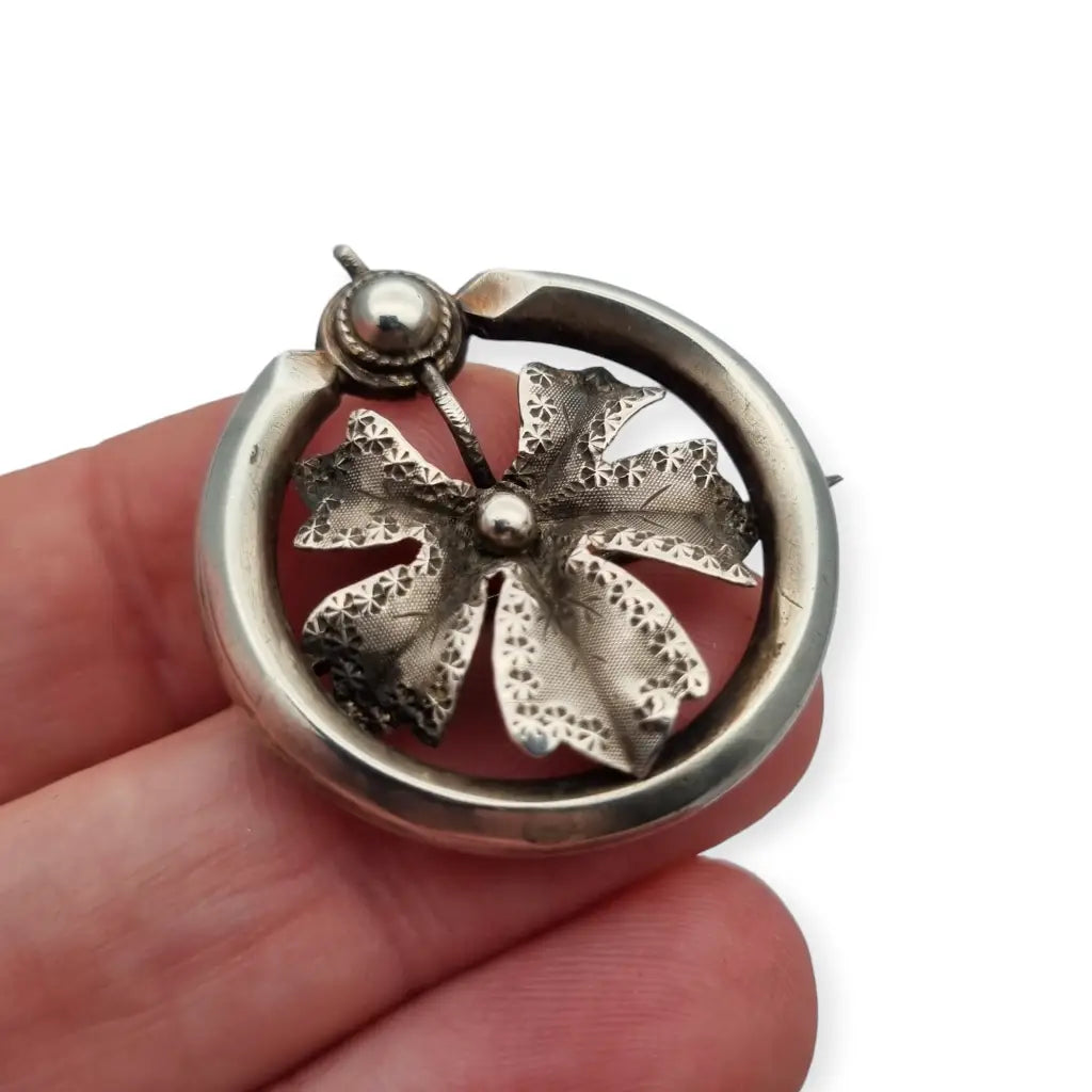 Broche de plata victoriano trébol cuatro hojas buena suerte regalo vintage.