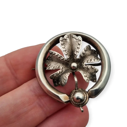 Broche de plata victoriano trébol cuatro hojas buena suerte regalo vintage.