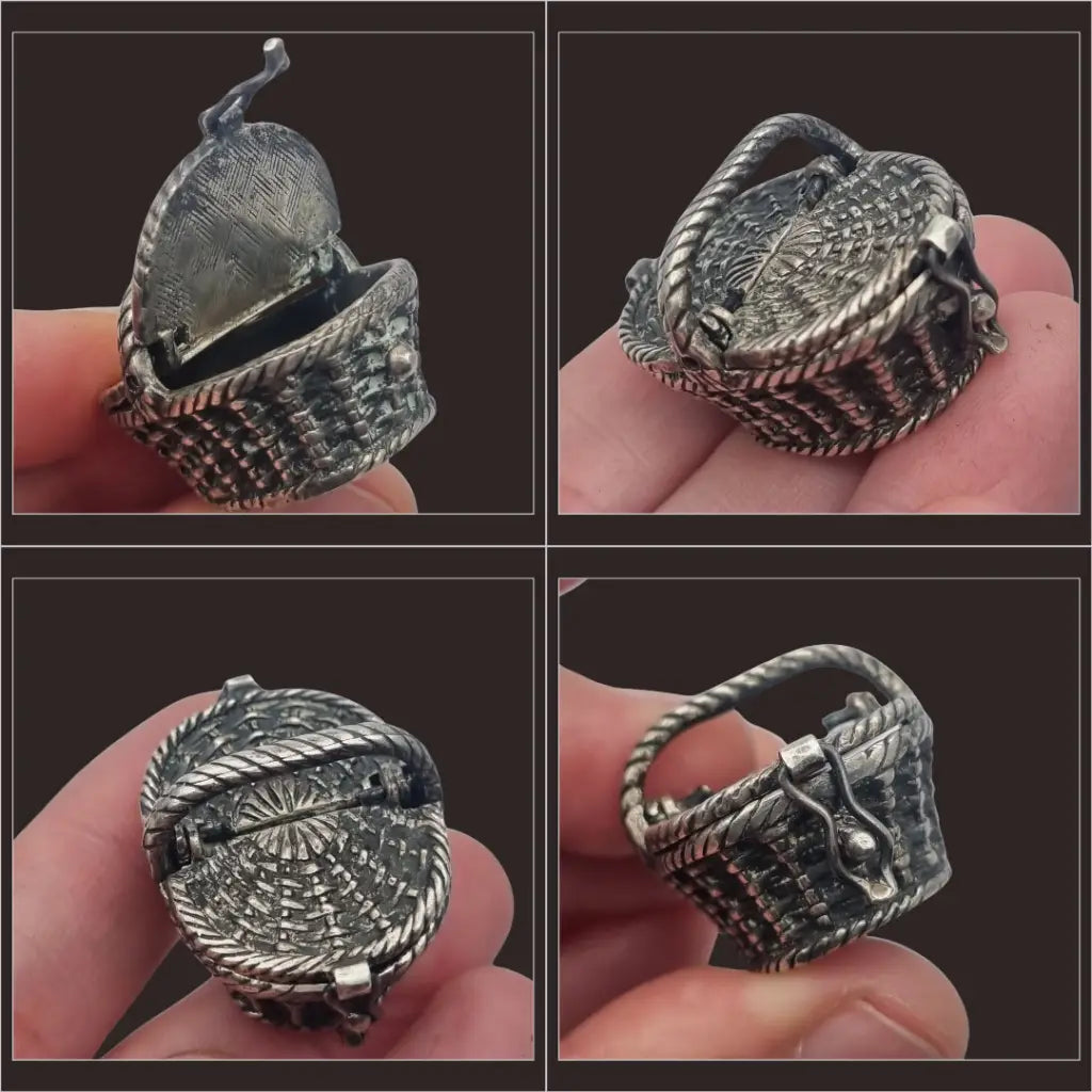 Caja en miniatura de cesta mimbre plata 915 para coleccionistas 1980.