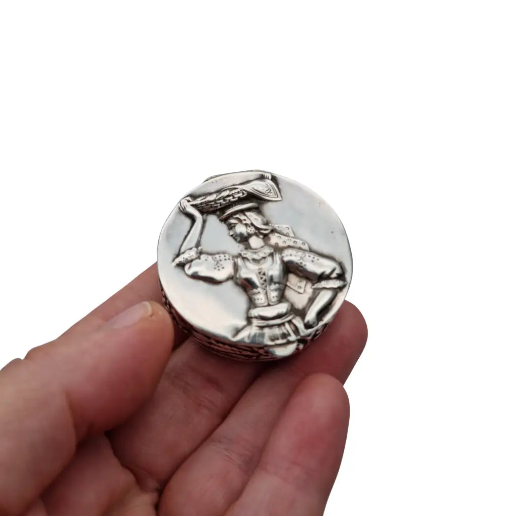 Caja redonda costumbrista tradicional de vendedora pescado e plata 925