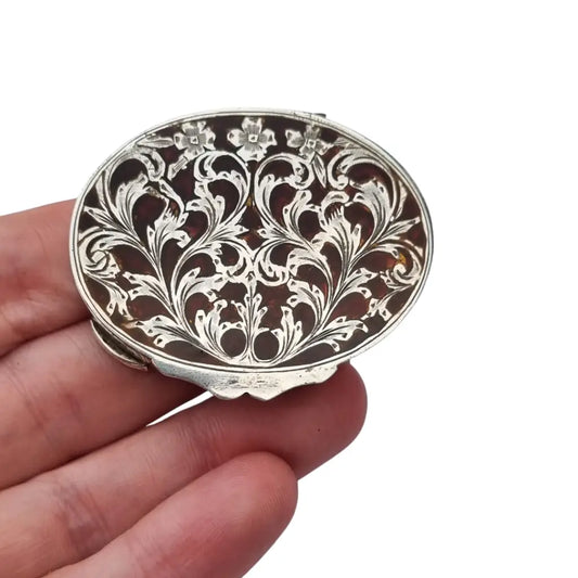 Caja vintage de plata 800 con tapa esmaltada floral calada joyero ovalado