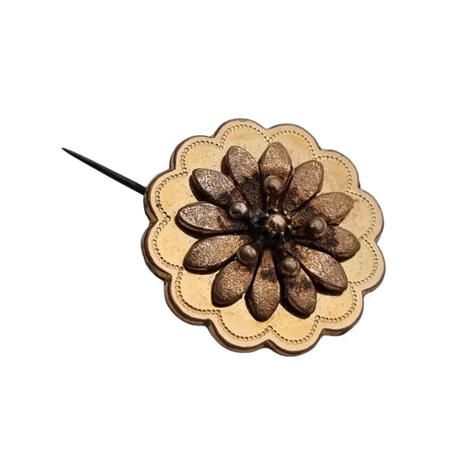 Broche redondo vintage francés victoriano floral para mujer botón dorado.