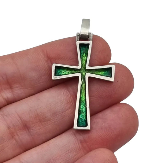 Colgante de Cruz Plata con Esmalte Diseño Vintage los años 70.