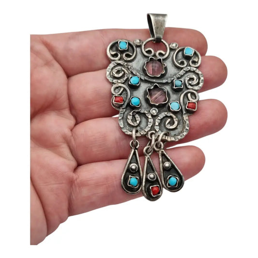 Colgante mexicano vintaghe en plata con gemas de colores y tres lágrimas