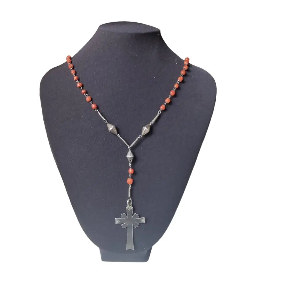 Collar rosario coral y plata bola roja catolica joyeria religiosa