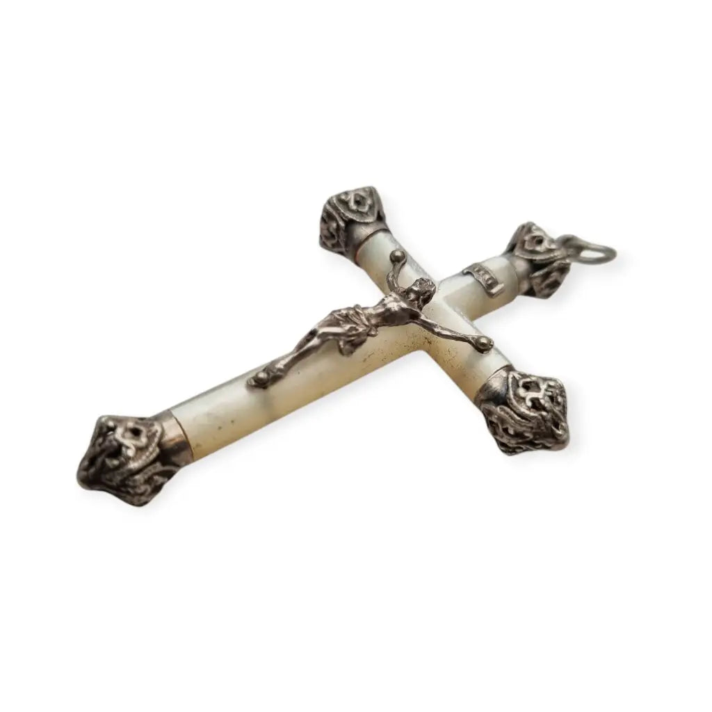 Crucifijo antiguo con nácar y plata cruz colgante religioso 1920