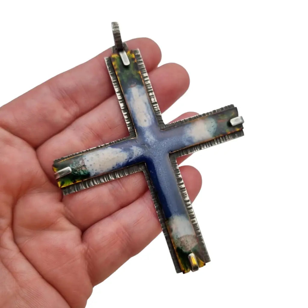 Cruz de plata colgante cruz esmalte azul joyería esmalte.