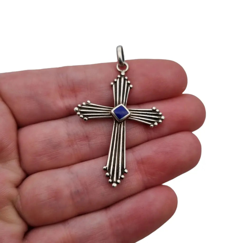 Cruz vintage de plata y lapislázuli colgante cruz azul regalos religiosos.