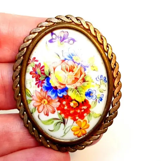 Broche vintage limoges de joyería francesa para mujer pintura porcelana.