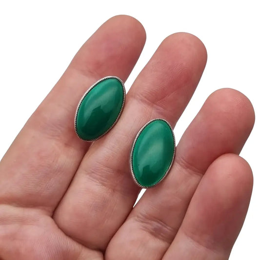Gemelos vintage en plata marcada ’SILVER’ con cabujones de esmalte verde diseño