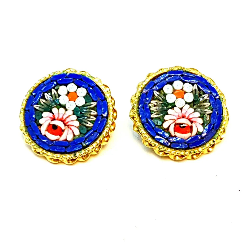 Pendientes micromosaico flor vintage micromosaico. Circa 1970. Joyería antigua.