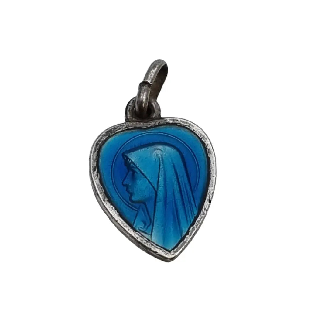 Colgante corazon religioso esmalte azul medalla lourdes joyeria antigua.