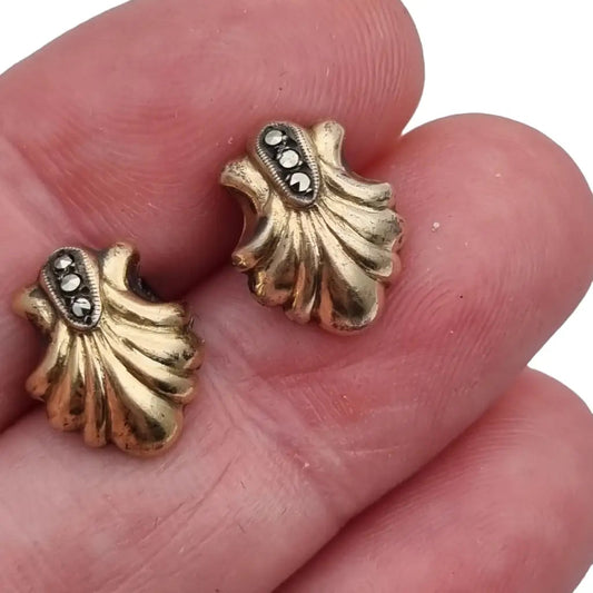 Pendientes de concha art deco plata y oro. Joyería antigua vintage.
