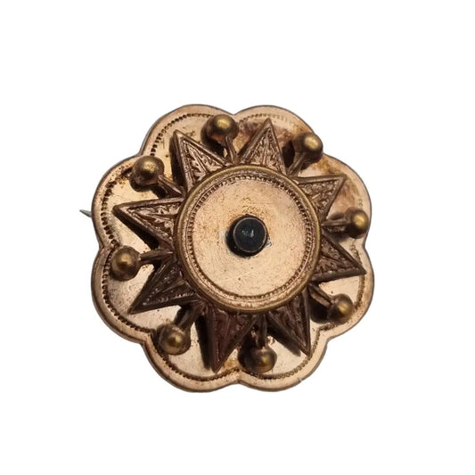 Broche redondo vintage francés victoriano de estrella para mujer botón dorado.