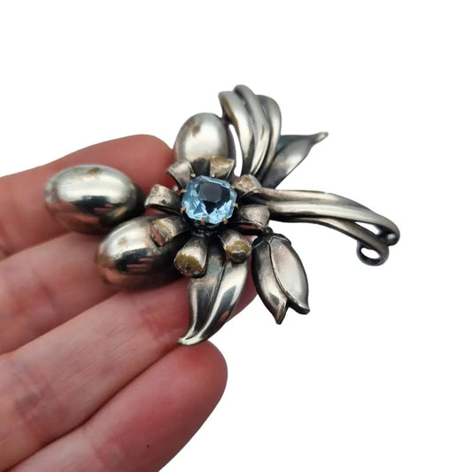 Broche grande de flor art deco vintage boda joyería pedrería azul regalo