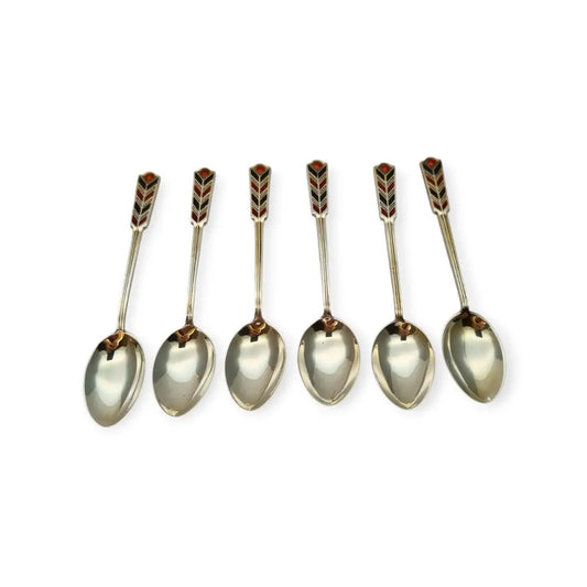 Juego de seis cucharillas Art Decó plata con esmalte rojo y negro Mappin