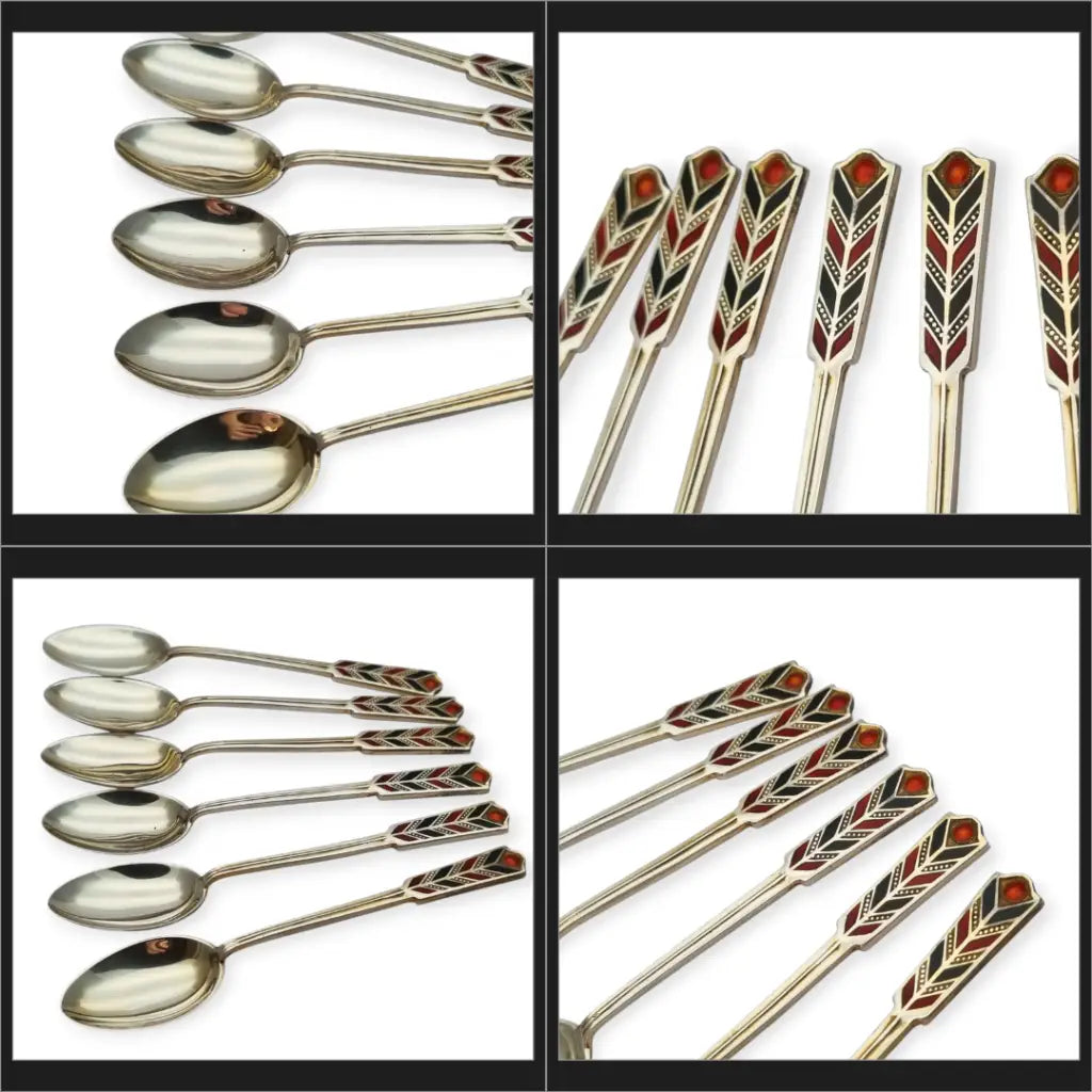 Juego de seis cucharillas Art Decó plata con esmalte rojo y negro Mappin
