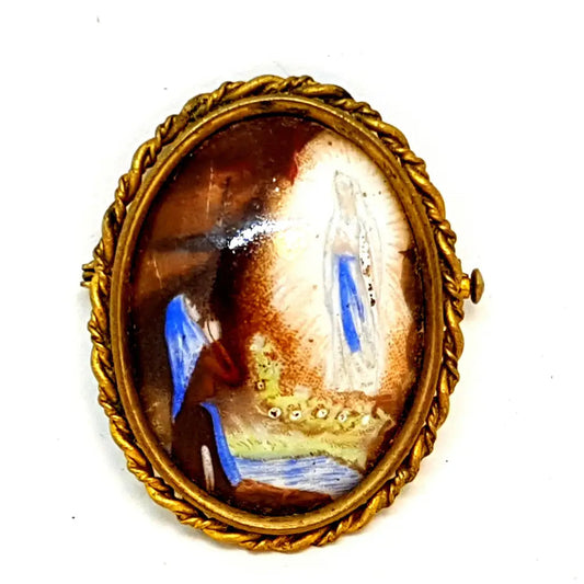Broche de porcelana con imagen virgen pintada joyería religiosa francesa.