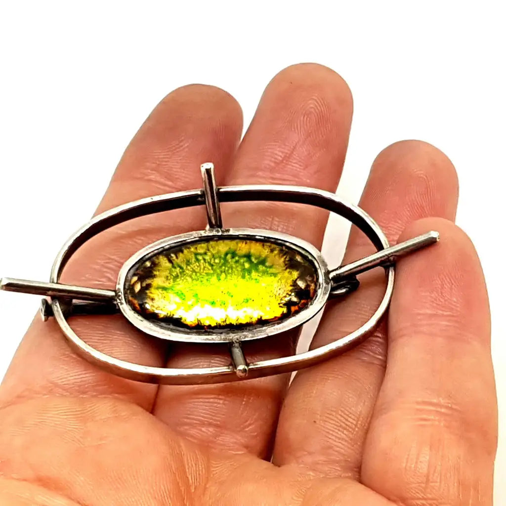 Broche vintage de plata y esmalte verde. Circa 1970. Joyas antiguas.