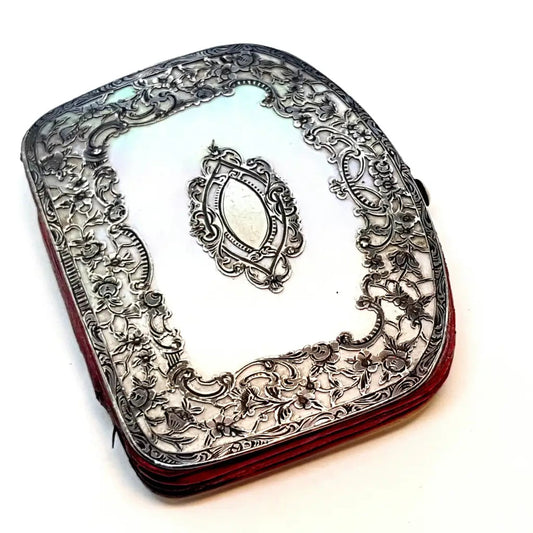 Monedero antiguo Victoriano de plata calada y nácar XIX pieza colección.