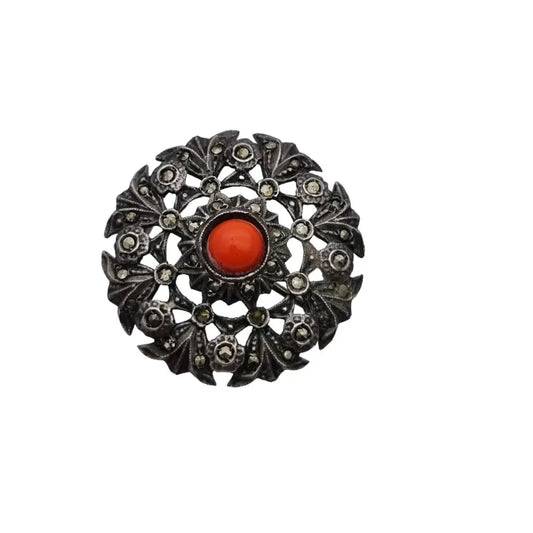 Broche plata coral Joyas vintage broche redondo mujer pin rojo
