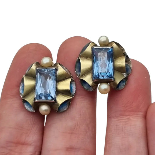 Pendientes Art Déco catalanes de plata símil aguamarina perlas y esmalte,1 940.