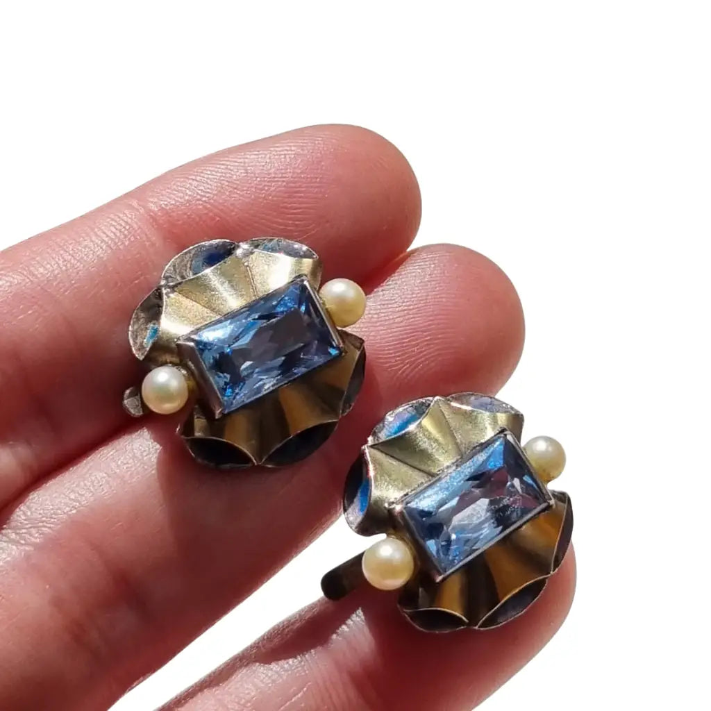 Pendientes Art Déco catalanes de plata símil aguamarina perlas y esmalte,1 940.