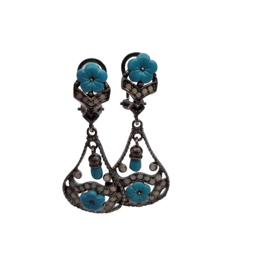 Pendientes de flores pendientes colgantes plata ley azul turquesa y blanco