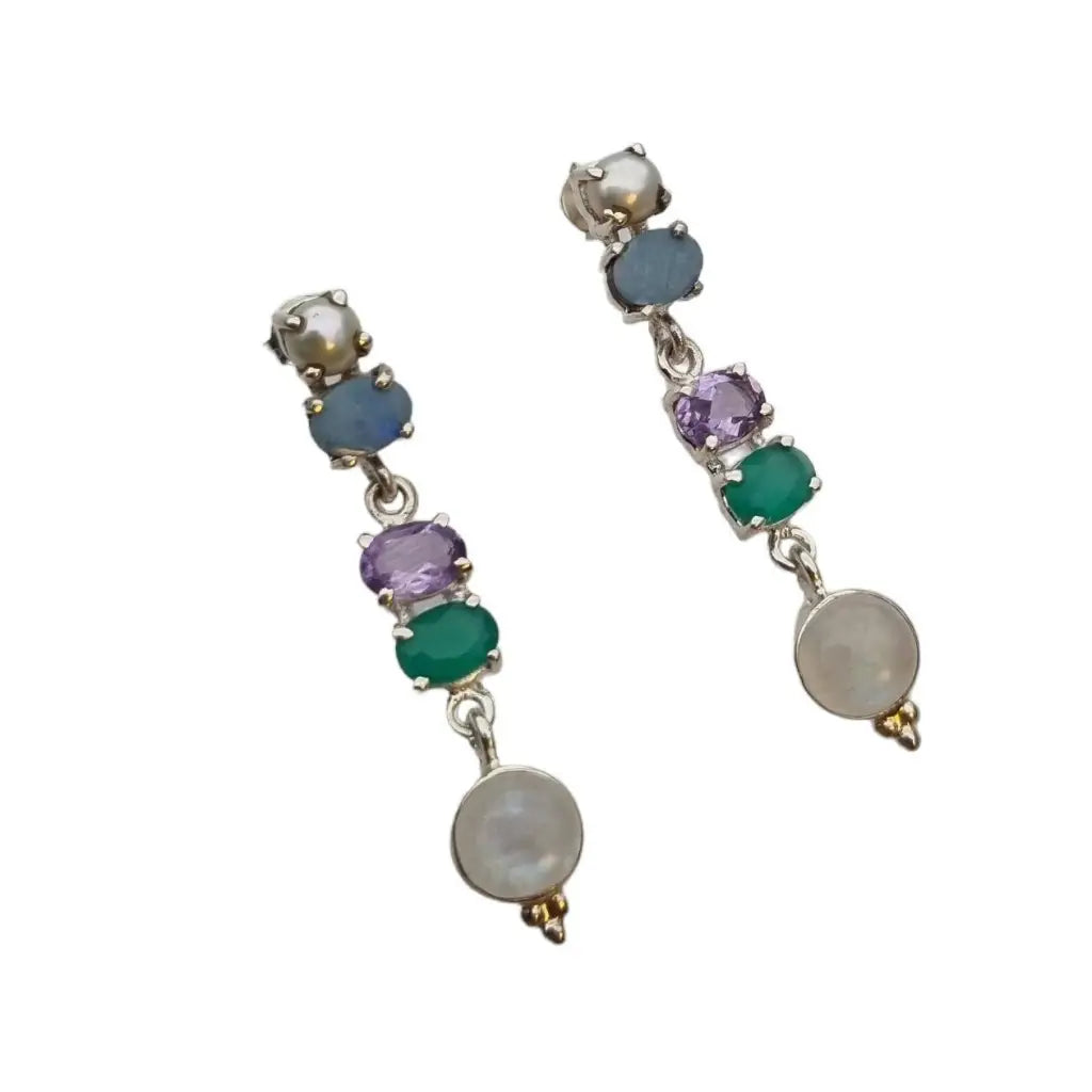 Pendientes lágrima de plata amatista calcedonia piedra luna ópalo y perla.