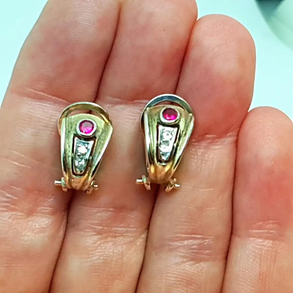 Pendientes plata vintage joyas doradas piedra rosa circa 1970.