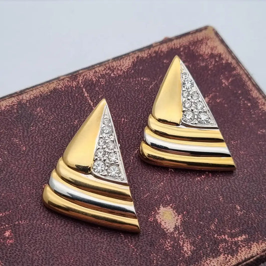 Pendientes triangulares con clip joyería de moda NOS Vintage años 80s diamantes