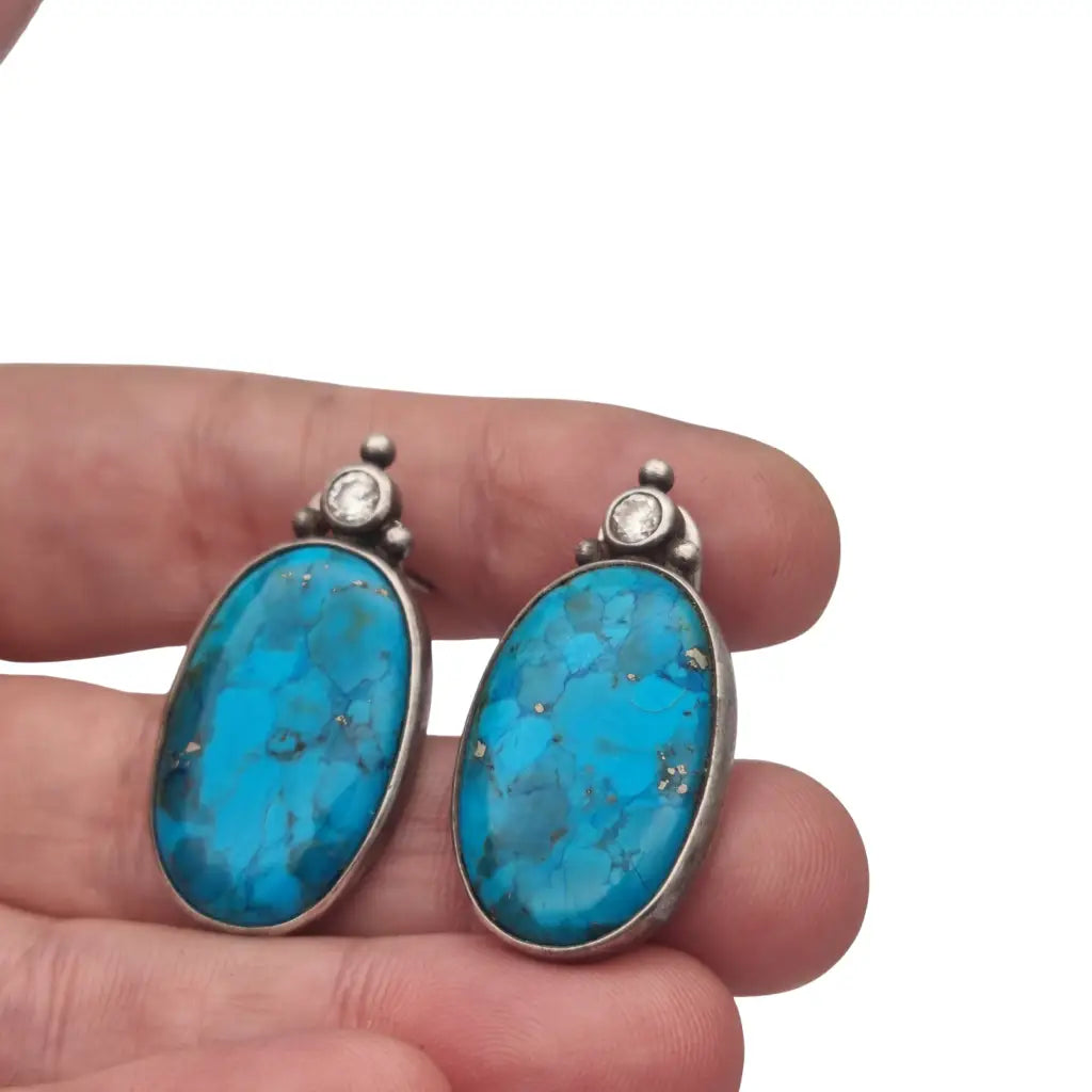 Pendientes vintage de turquesa cobre en plata 925 cabujones ovalados azules