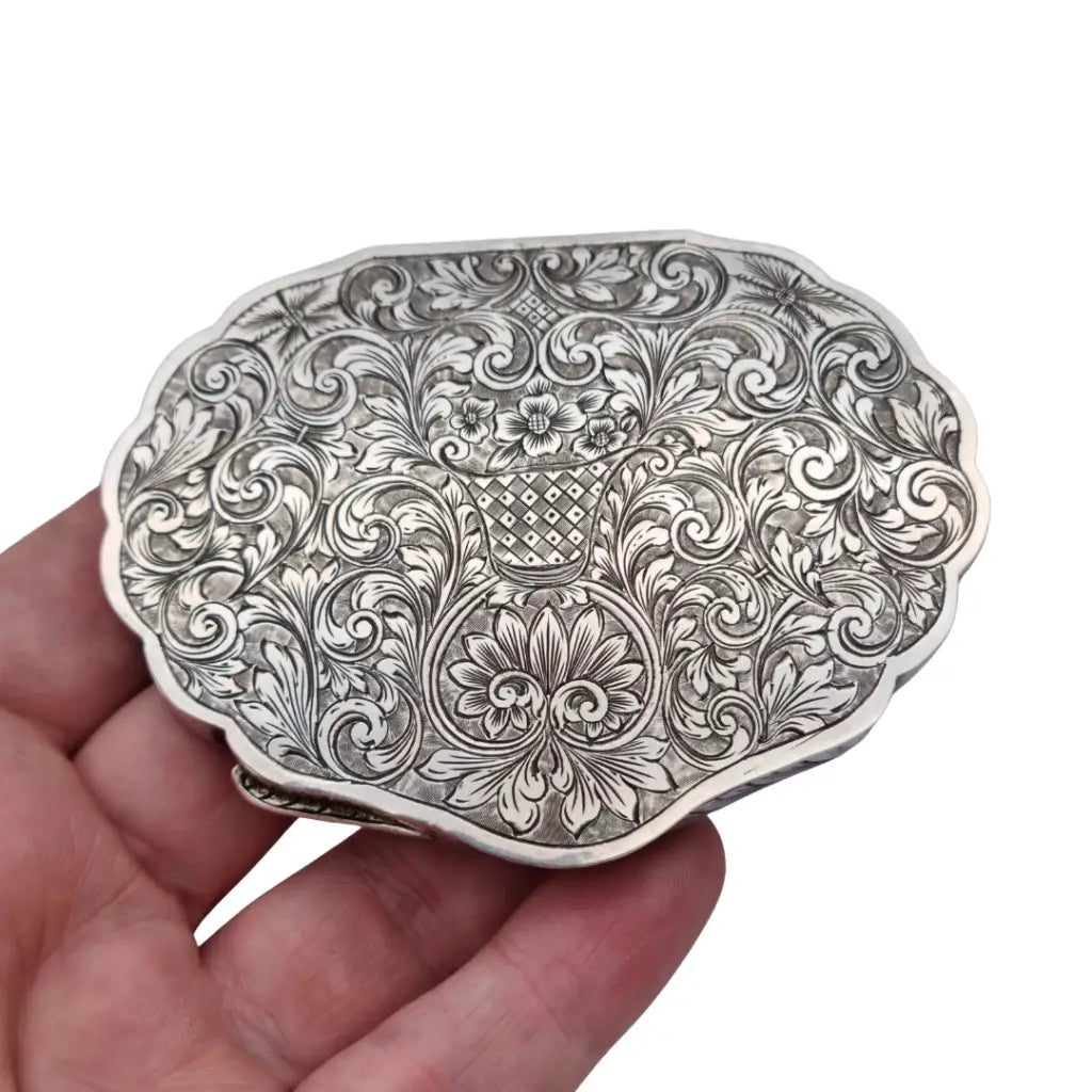 Polvera antigua italiana de plata 800 con espejo interior grabado floral años