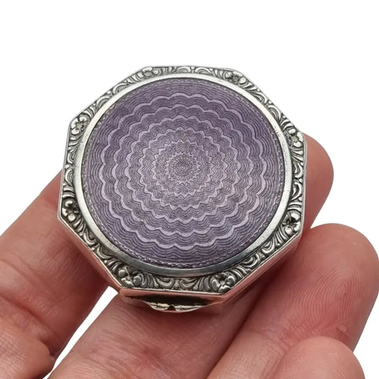Polvera octogonal colgante de plata 925 esmalte guilloché lavanda Art Déco
