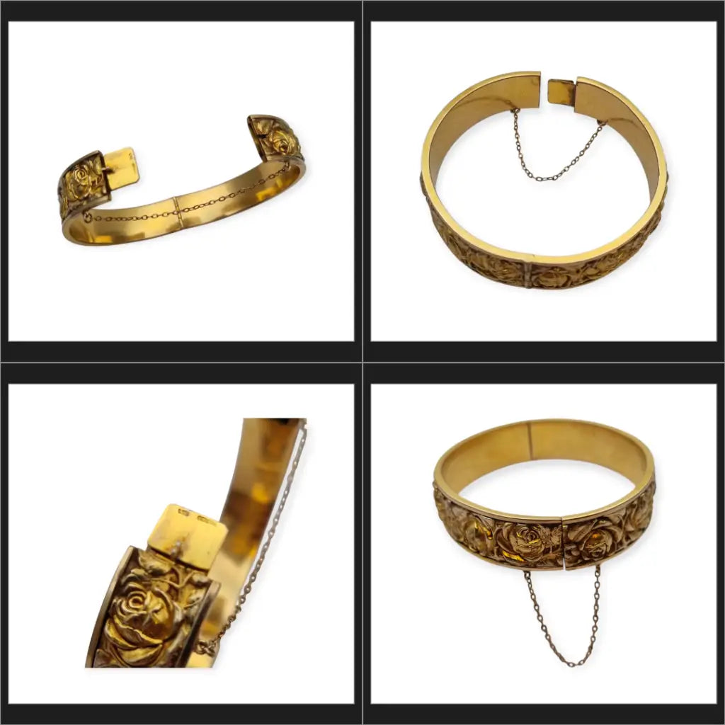 Pulsera Vintage Rosa Repujada Chapada en Oro Estilo Romántico. Años 40.