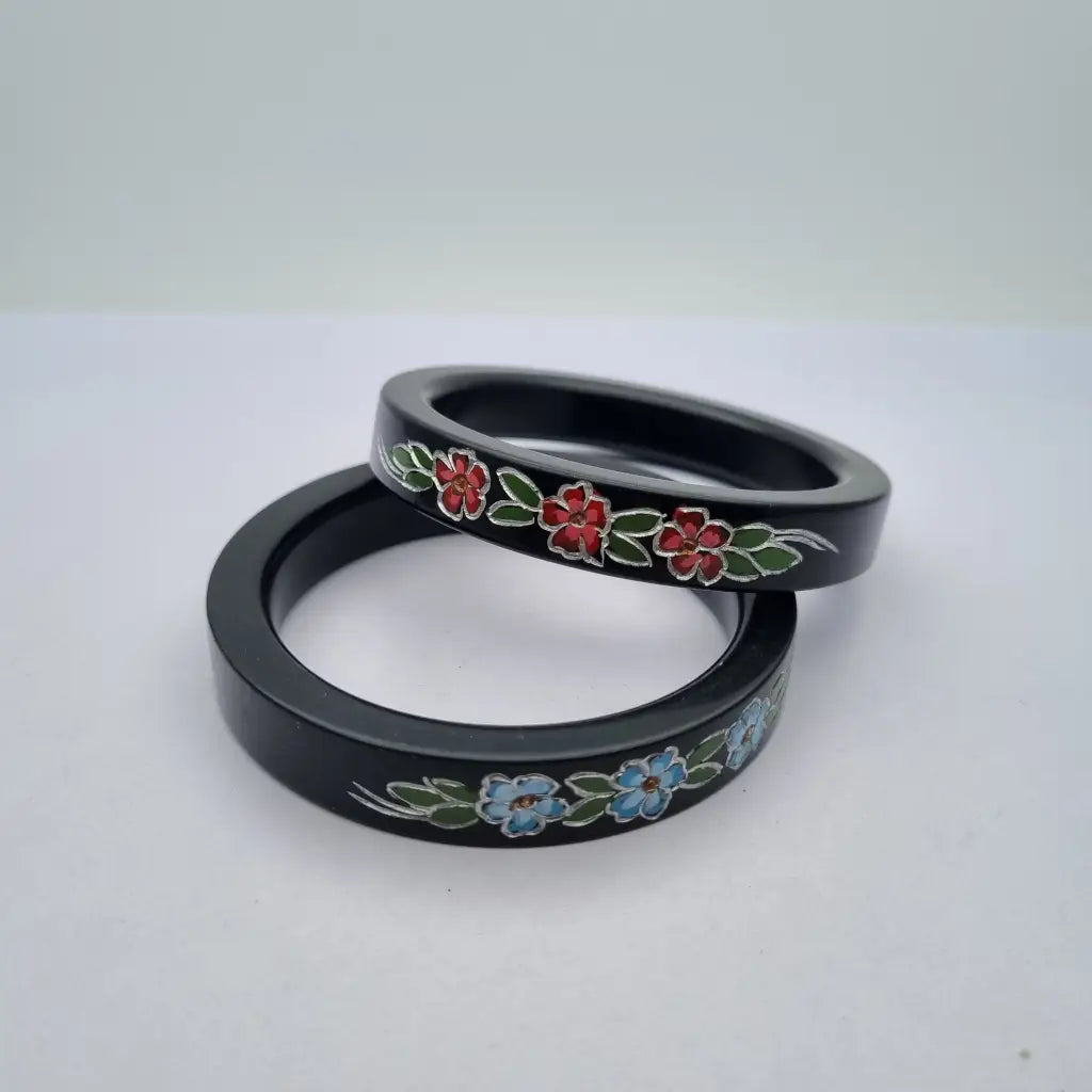 Pulseras de Lucite Juego dos pulseras pintadas a mano con diseño floral