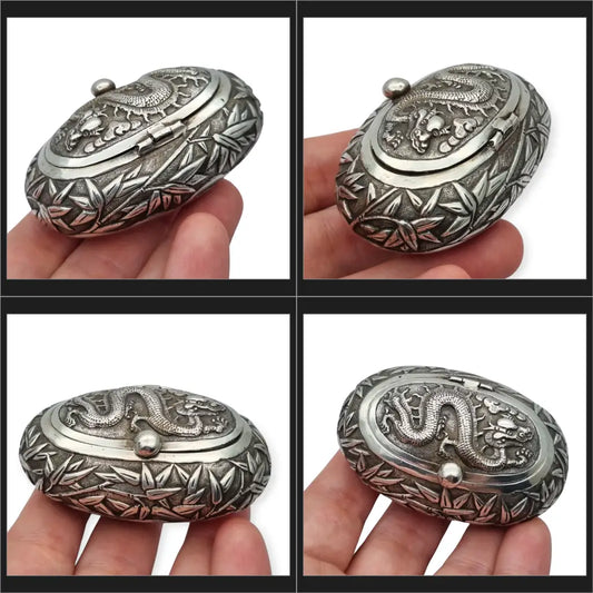 Rara caja de rapé oriental ovalada plata con dragón y bambú pieza