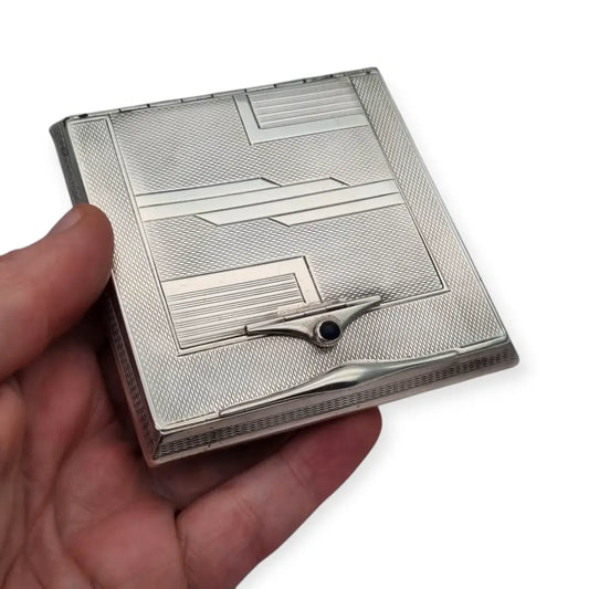 Rara pitillera Art Déco en plata 925 con cerillero integrado y piedra azul