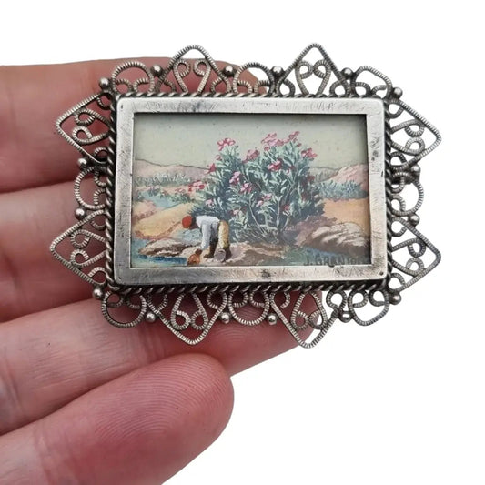 Broche francés en plata con miniatura de pintura firmada por j. Granion.