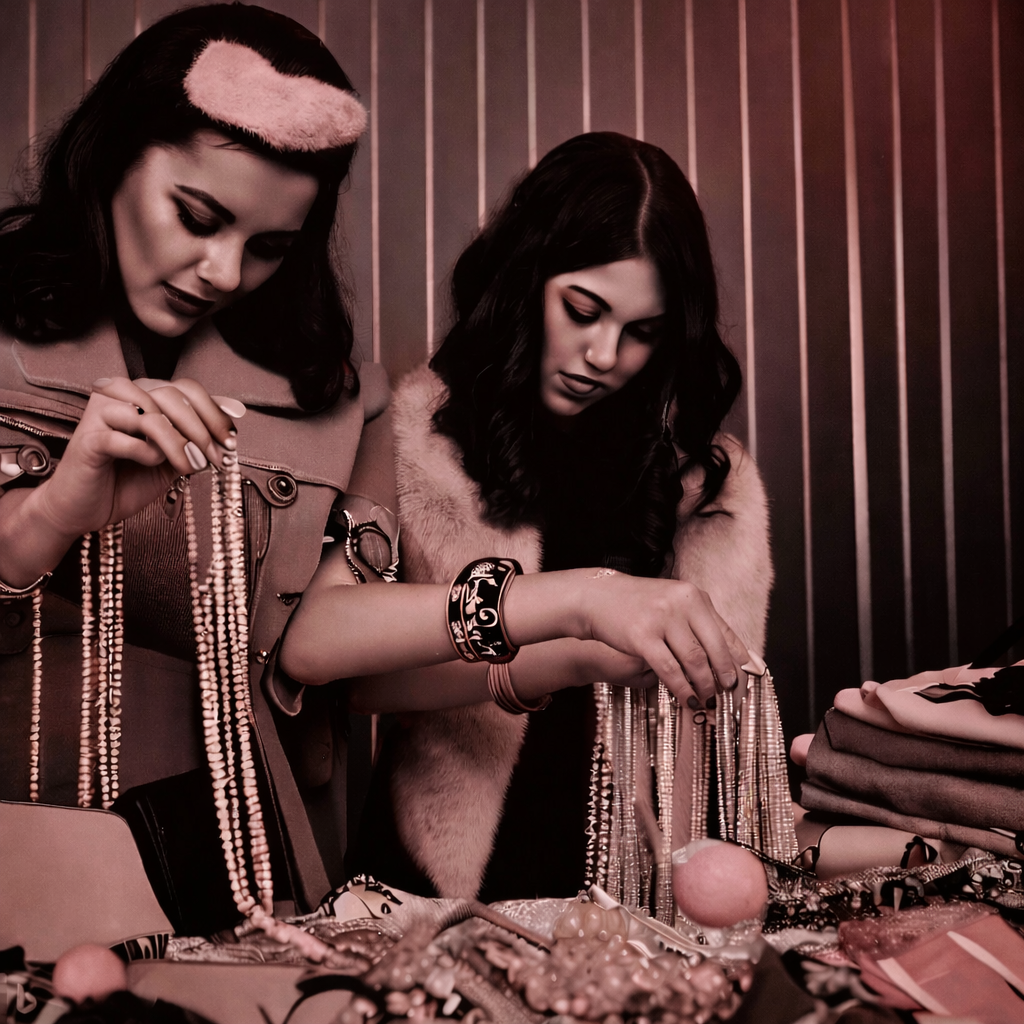 Dos jóvenes mujeres buscando bisutería y joyas en un puesto de mercadillo