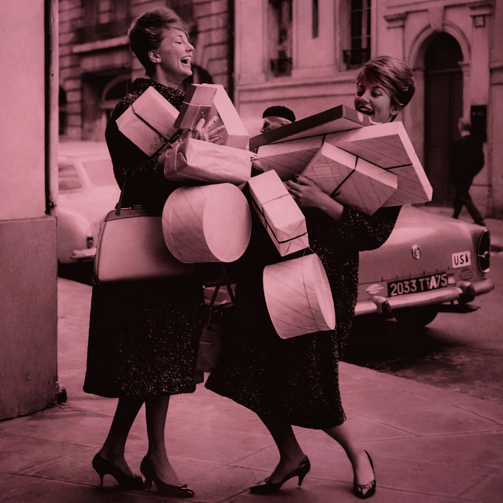 Escena de compras navideñas con joyas antiguas y objetos de coleccionismo