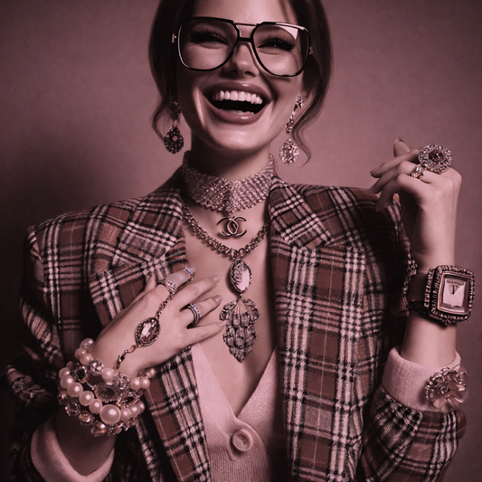 Mujer de estilo retro sonriente luciendo joyas antiguas y vintage